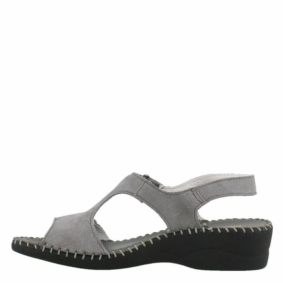 NEW La Plume Women Expo Grey Embossed Gloss Adjustable Front Ankle Strap Wedge - Picture 3 of 4